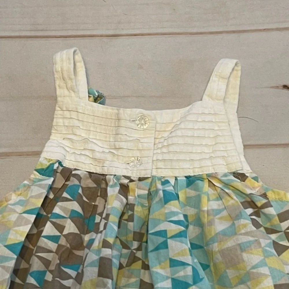 Rim Zim 3T blue/yellow/white/brown geometric 100% cotton A line sleeveless dress